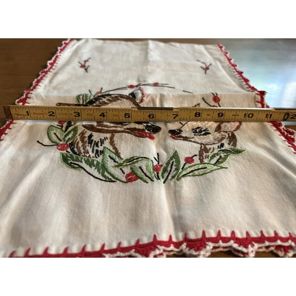 Vintage Hand Embroidered Tea Towel Table Runner Mom & Baby Deer White Red Green